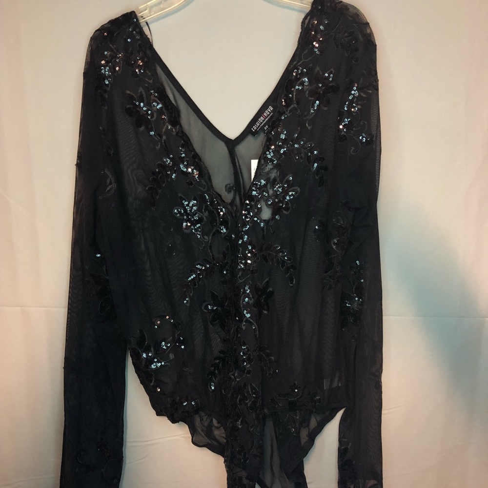 Fashion Nova Curve Black Mesh & Sequins Bodysuit